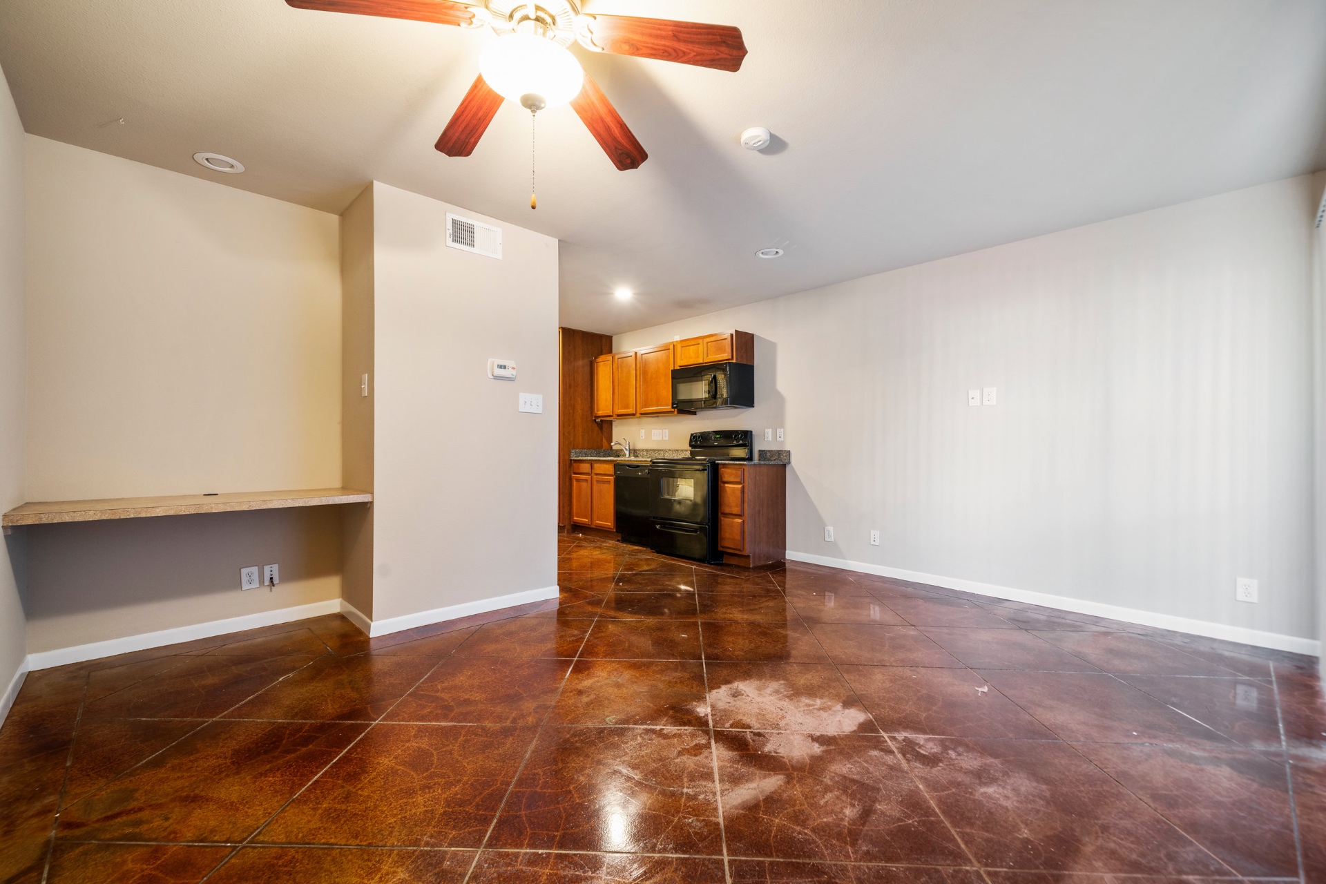 Built-in desk nook with kitchen view